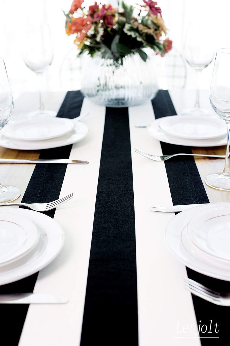 Letjolt Black and White Striped Table Runner for Kitchen Decor Black Stripe Tabletop Collection Cotton Canvas Table Runner 108 Inches Beetlejuice Party Decor - Image 4
